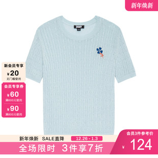 针织衫 女竖纹幸运四叶草刺绣短袖 上衣 唐可娜儿25年夏季 DKNY