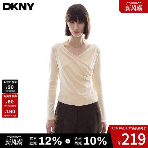 【莱赛尔羊毛】DKNY唐可娜儿美式V领交叉长袖T恤女秋季打底衫上衣