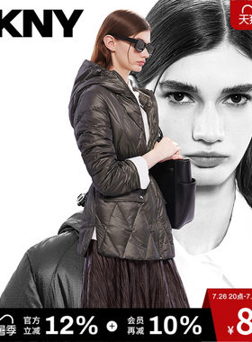 DKNY唐可娜儿秋冬款女装上衣绗缝弹力收腰中长连帽外套羽绒服女