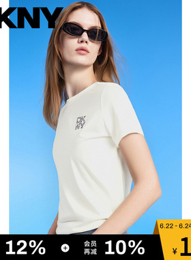 【100%棉】DKNY唐可娜儿夏季短袖T恤女圆领白色百搭上衣字母亮片