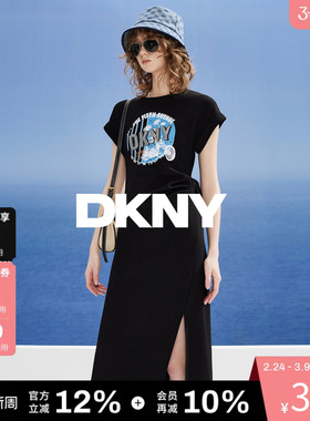 DKNY唐可娜儿春夏款短袖连衣裙女黑色圆领LOGO印花美式复古开叉潮