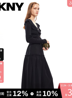 DKNY唐可娜儿秋季V领荷叶边拼接A字腰带针织连衣裙女设计感时尚