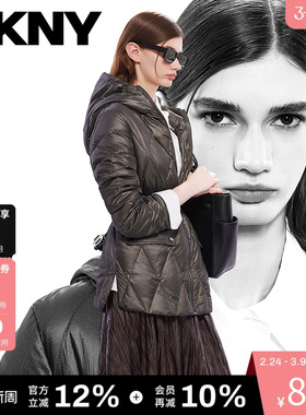 DKNY唐可娜儿秋冬款女装上衣绗缝弹力收腰中长连帽外套羽绒服女