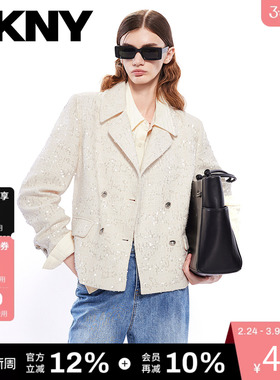 DKNY唐可娜儿西装领短外套上衣女士亮片粗花呢双排扣通勤百搭休闲