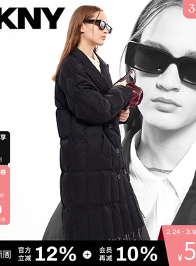 DKNY唐可娜儿秋冬女装经典时尚西装领双排扣格纹绗棉长款棉服外套