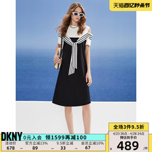 DKNY/唐可娜儿2024春夏新品女露肩休闲条纹系带拼接短袖连衣裙