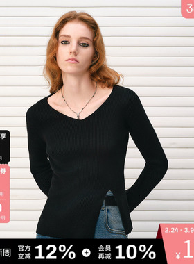 DKNY唐可娜儿秋季上衣纯色竖坑条V领修身内搭打底针织衫上衣女士