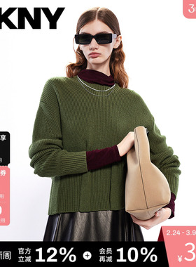 【含羊毛】DKNY唐可娜儿春季针织衫女通勤风圆领落肩茧型百搭绿色