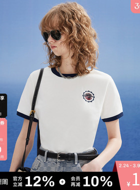 DKNY唐可娜儿春夏季短袖T恤女白色复古印花刺绣正肩休闲简约上衣