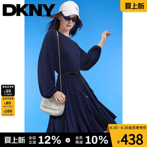 DKNY垂坠灯笼袖圆领连衣裙