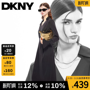 DKNY唐可娜儿春季 V领连衣裙子女链条收腰纯黑色仿醋酸垂感高级 款