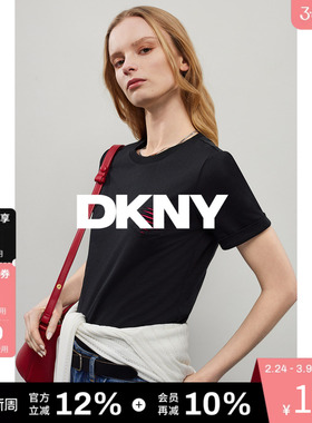 DKNY唐可娜儿夏季款简约休闲毛边口袋LOGO刺绣短袖T恤上衣女时尚