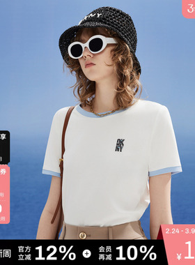 DKNY唐可娜儿春夏季短袖T恤女圆领上衣发泡印花立体正肩白色简约