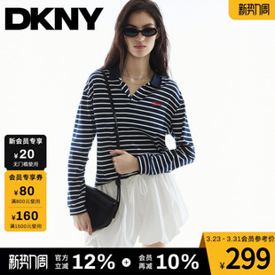 polo衫 长袖 女T恤藏青色横条纹宽松上衣潮 新款 DKNY唐可娜儿26春季