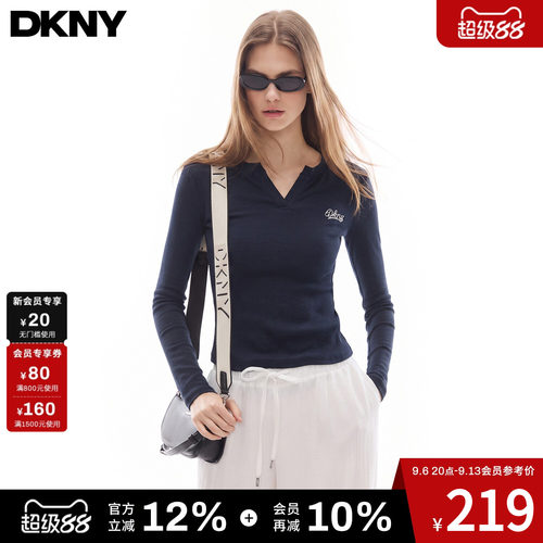 DKNY唐可娜儿美式复古V领长袖T恤女秋季2026新款修身显瘦辣妹上衣