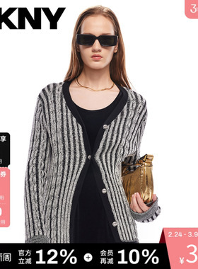 DKNY唐可娜儿春季V领口针织开衫女士竖条纹慵懒风时尚休闲设计感