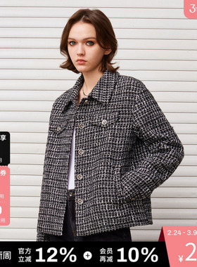 DKNY唐可娜儿秋冬女装经典小香风复古黑白格纹粗花呢翻领外套上衣