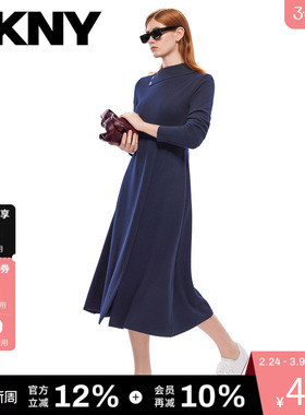【含羊毛】DKNY唐可娜儿春季针织连衣裙女不对称翻领收腰气质时尚