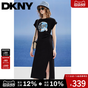 DKNY唐可娜儿夏季款短袖连衣裙女黑色圆领LOGO印花美式复古开叉潮