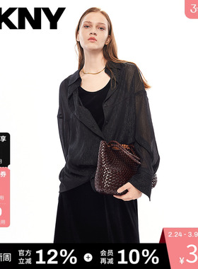 DKNY唐可娜儿春季长袖衬衫女黑色亮丝微透宽松翻领通勤风上衣时尚