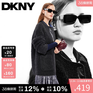 DKNY唐可娜儿秋季女装纯色羊毛仿羊羔绒圆领仿皮拼接夹克上衣外套