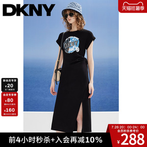 DKNY唐可娜儿夏季款短袖连衣裙女黑色圆领LOGO印花美式复古开叉潮
