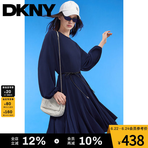 DKNY垂坠灯笼袖圆领连衣裙