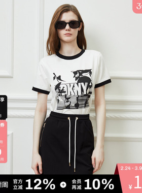 DKNY唐可娜儿夏季女士经典黑白撞色袖口字母刺绣LOGO印花短袖T恤