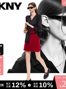 DKNY唐可娜儿秋季款精致亮片织带羊毛混纺针织A字短裙女士时尚风