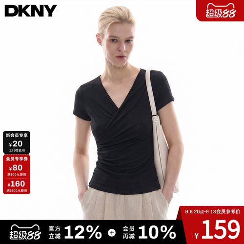 【莱赛尔羊毛】DKNY唐可娜儿美式V领交叉短袖T恤女夏季收腰上衣女