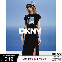 DKNY/唐可娜儿夏季美式复古LOGO印花侧开叉短袖连衣裙