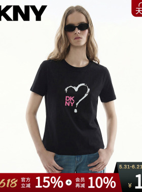 DKNY唐可娜儿26夏季新款短袖T恤女黑色正肩圆领印花上衣简约百搭
