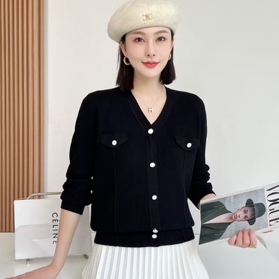 长袖V领针织衫女装显瘦宽松