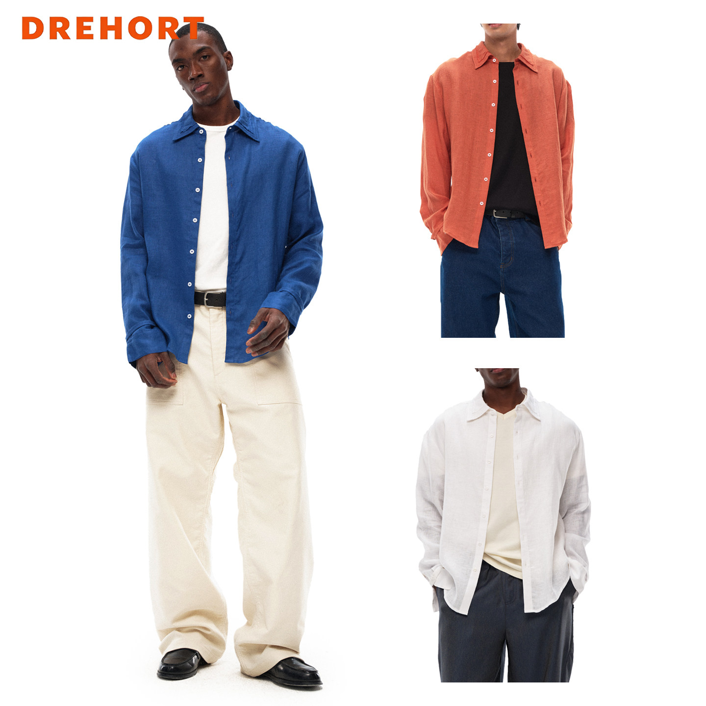 Drehort 100%亚麻 定织定染 双领磨边休闲长袖衬衫男薄款衬衣外套