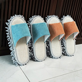 亚麻懒人擦地拖鞋 居家可拆洗软布底 室内静音不伤木地板无痕男女款