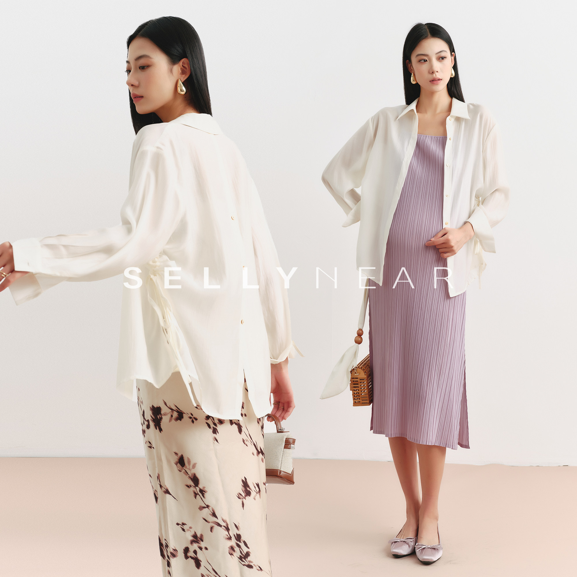 SELLYNEAR孕妇衬衣夏新款上衣时尚宽松系带抽绳开衩天丝防晒衬衫