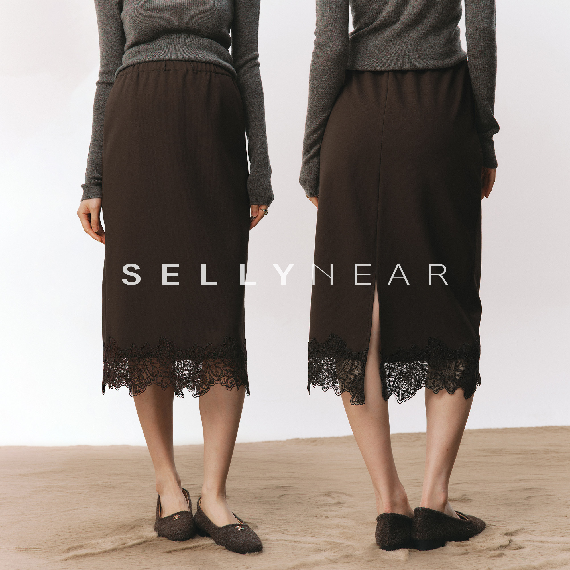 SELLYNEAR蕾丝拼接不勒肚子半裙图片