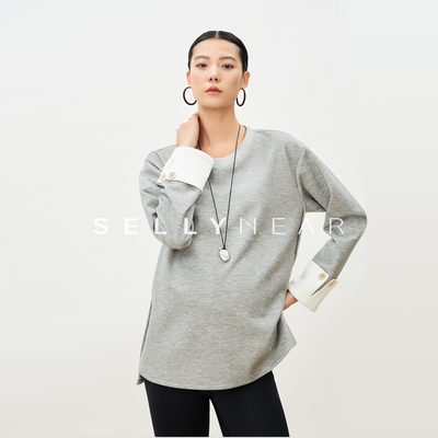 SELLYNEAR孕妇上衣秋装2025新款时尚休闲宽松慵懒长袖翻边卫衣