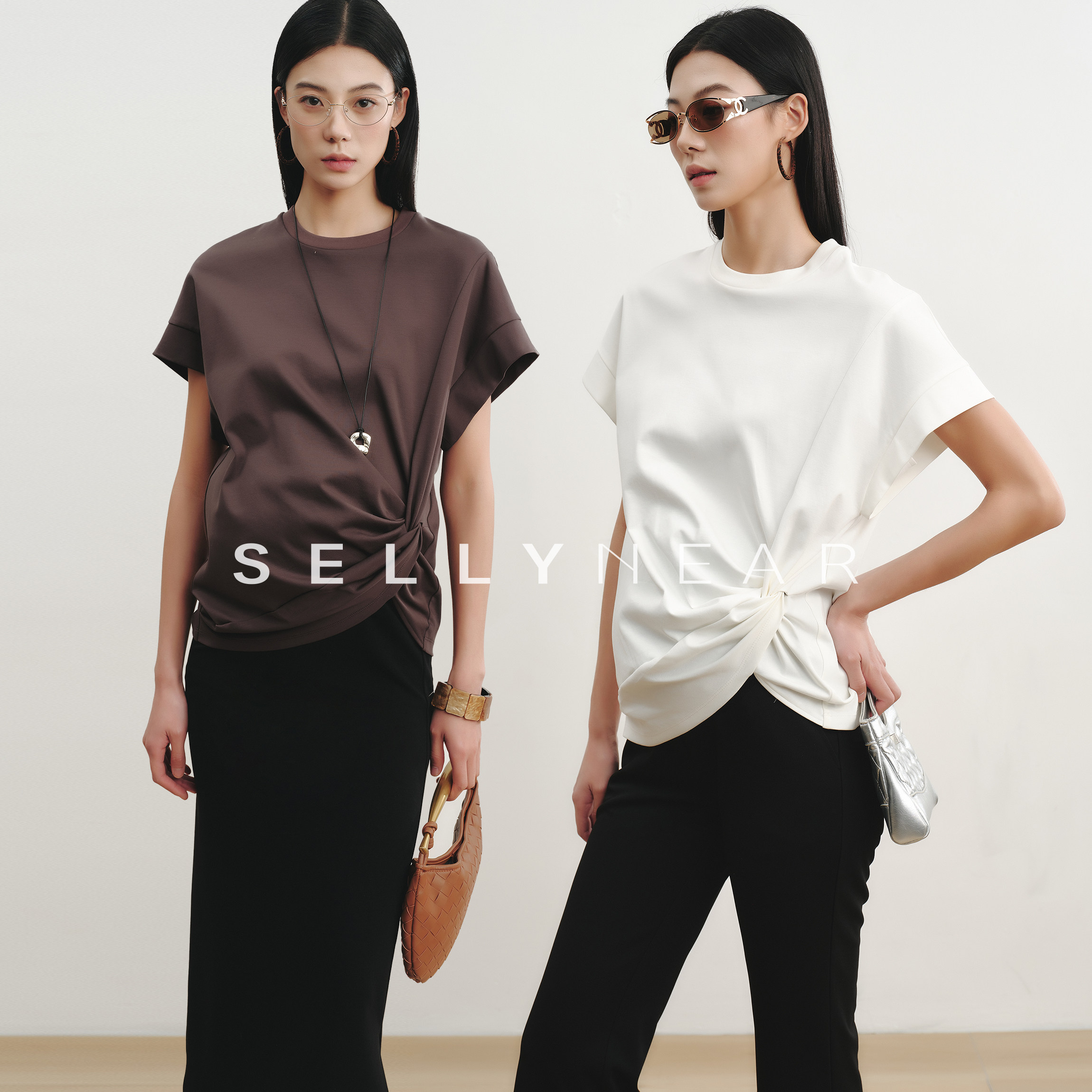 SELLYNEAR孕妇装夏上衣新款时尚高级感不规则扭结短袖纯棉孕期T恤