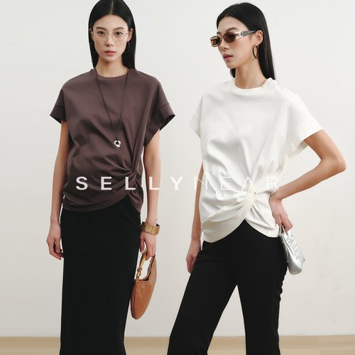 SELLYNEAR孕妇装夏上衣新款时尚高级感不规则扭结短袖纯棉孕期T恤