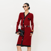 小香风红色连衣裙 V领高级感法式 SELLYNEAR孕妇装 秋冬针织裙中长款
