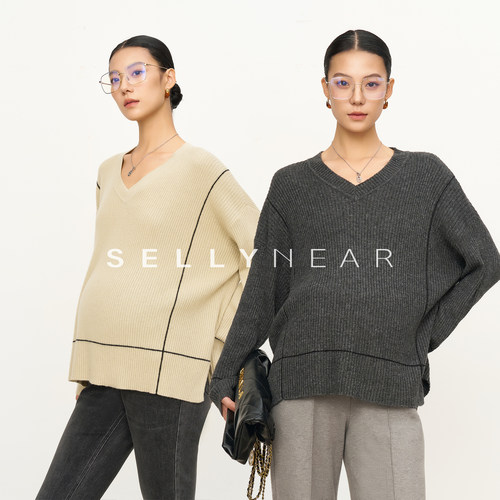 SELLYNEAR孕妇毛衣秋冬新款时尚宽松V领拼接撞色上衣孕期针织衫