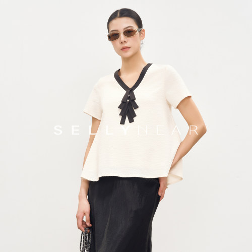 SELLYNEAR孕妇装夏新款高级感上衣时尚撞色小香风A摆短袖上衣T恤