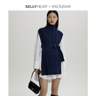 藏青色绞花长背心白色大衬衫 时尚 两件套 秋冬款 SELLYNEAR孕妇套装