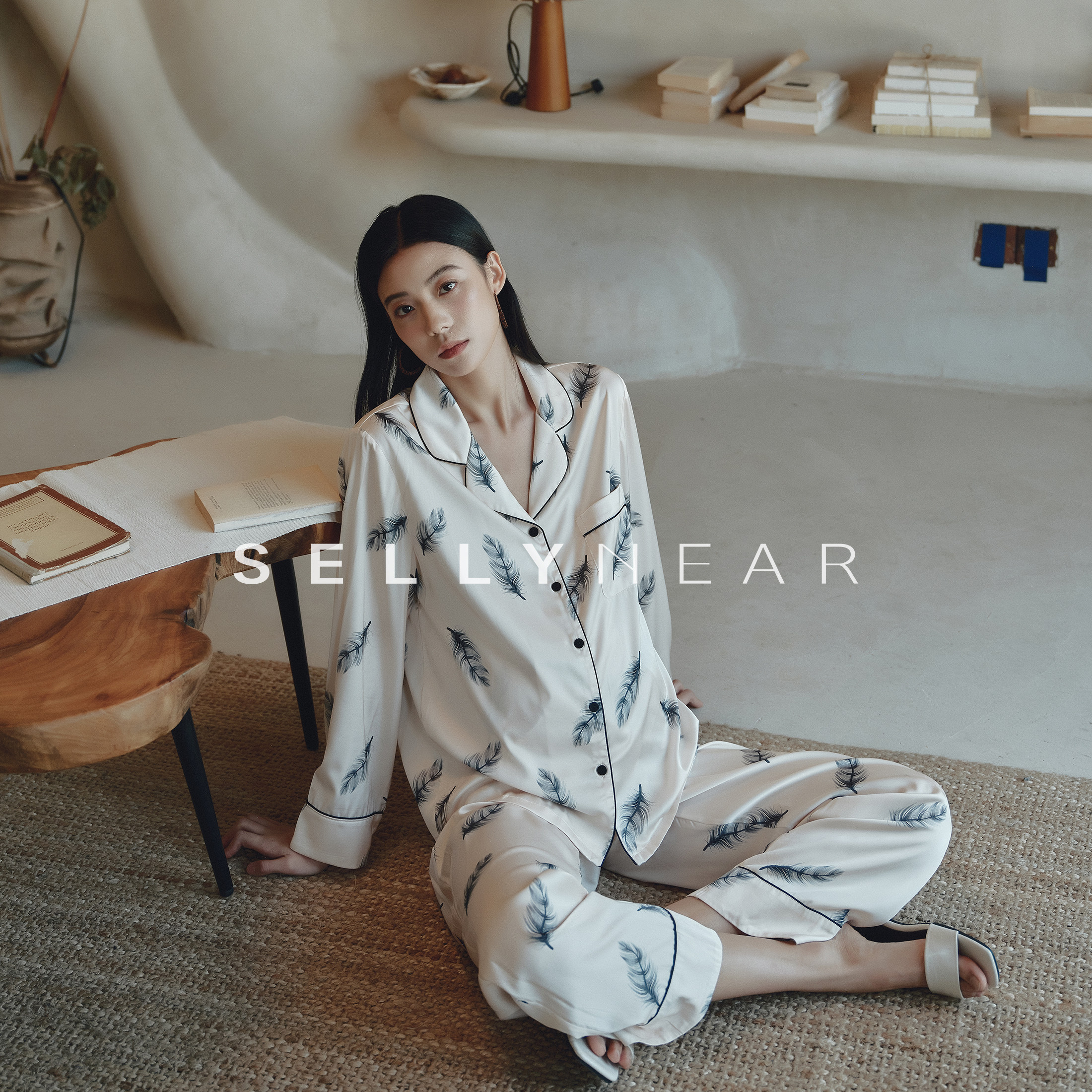 SELLYNEAR春夏装新款孕妇哺乳睡衣缎面印花产后月子服家居服套装
