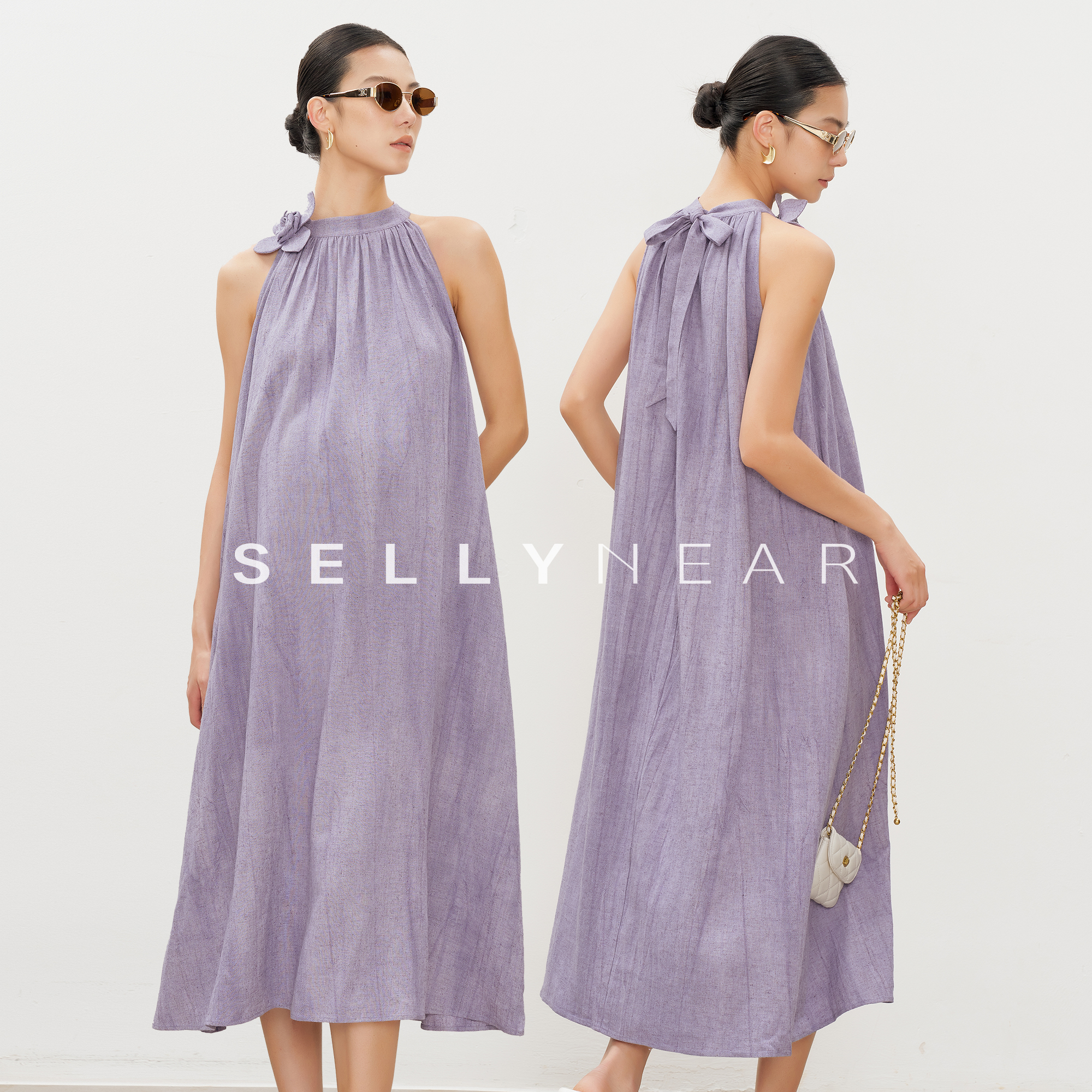 SELLYNEAR孕妇高级穿搭夏新款连衣裙时尚法式亚麻扎染挂脖连衣裙