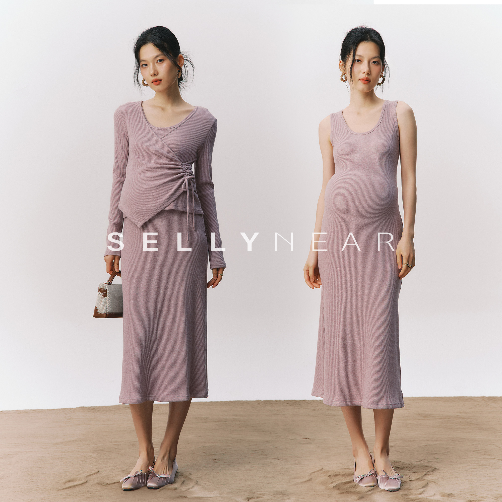 SELLYNEAR孕妇装秋套装2026新款时尚气质显瘦真两件抽褶针织套装图片