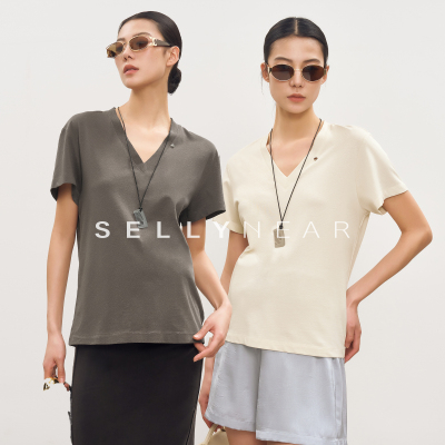 SELLYNEAR孕妇短袖t恤夏季新款时尚宽松莱赛尔亚麻遮肚不显怀上衣