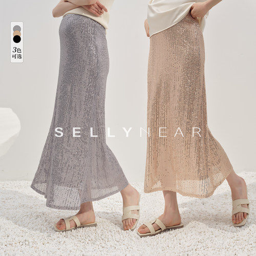 SELLYNEAR孕妇半身裙夏季新款复古摩登高腰显瘦鱼尾无托腹亮片裙