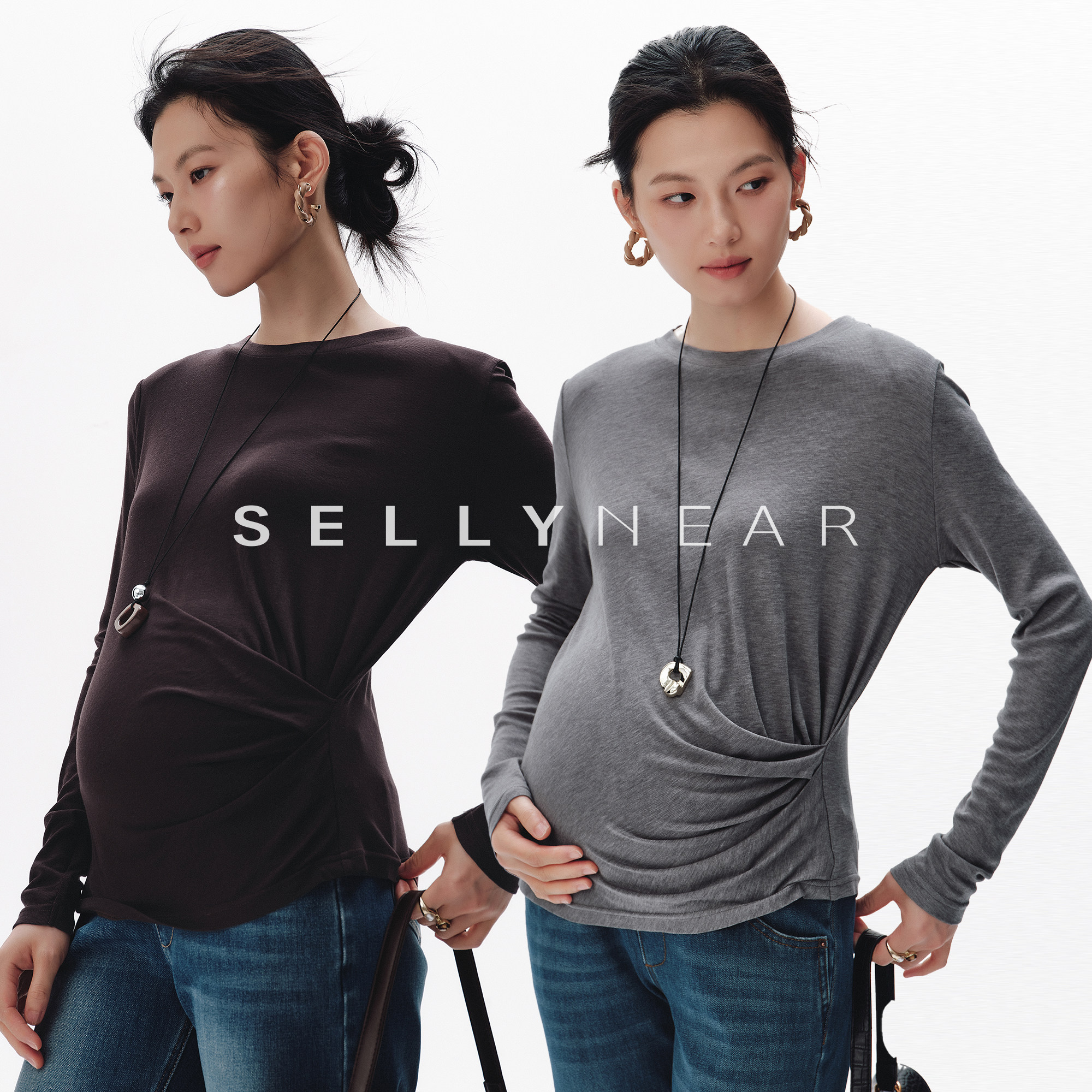SELLYNEAR孕妇装秋上衣2026新款时尚宽松圆领立体捏褶天丝软糯T恤图片
